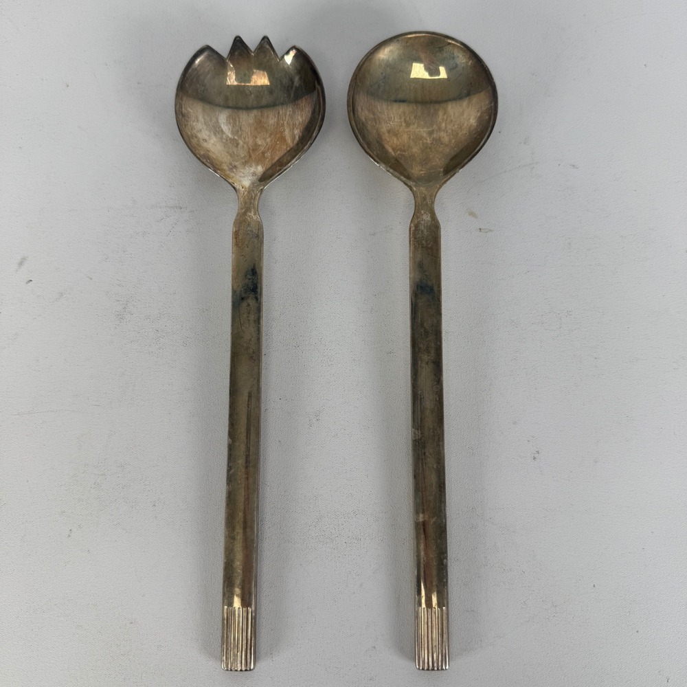 Vintage Silver Tone Salad Serving Set Ribbed Handle Spoon Fork 9.25 Inch